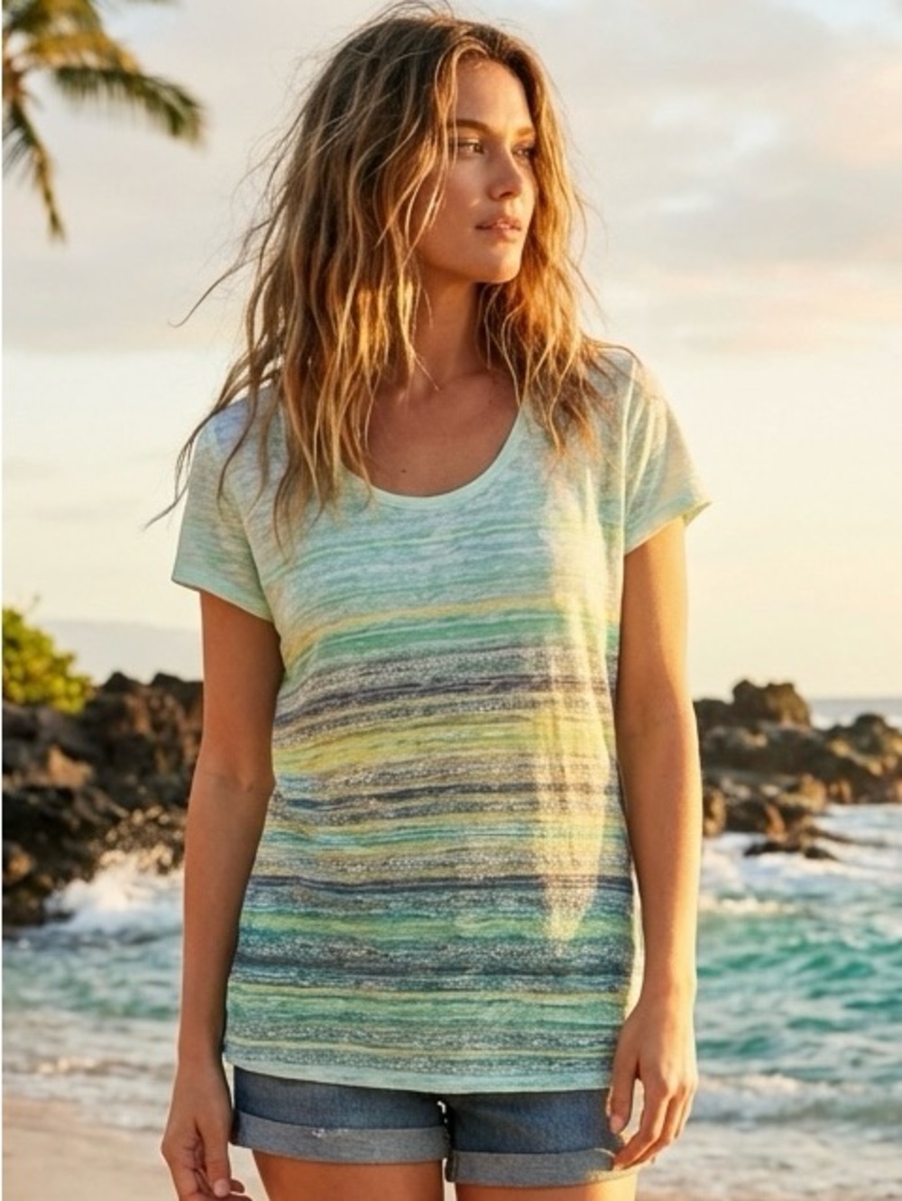 prAna Breathe Collection Burnout Striped Short Sleeve Tee Medium